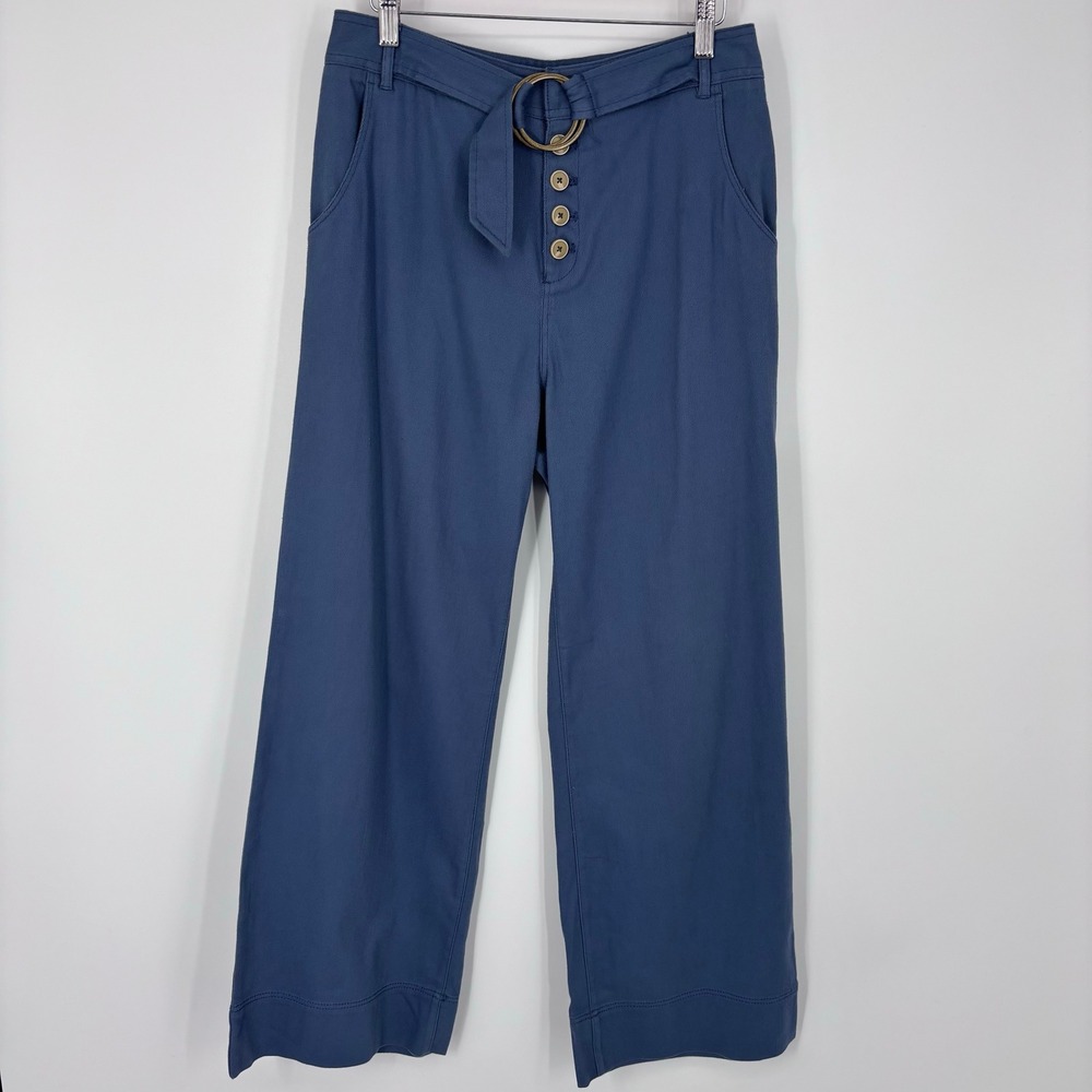 Anthropologie Cassidy High Rise Belted Wide Leg Button Fly Pants Womens 8P Blue